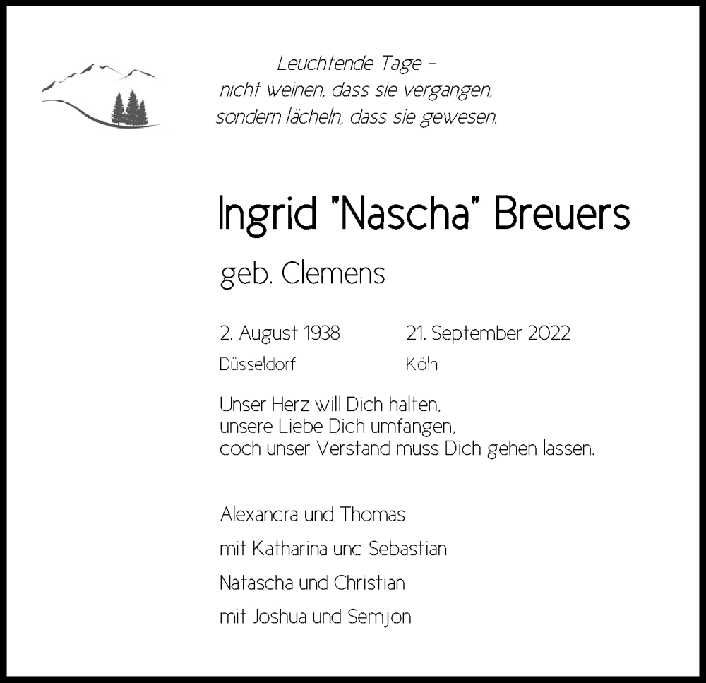  Traueranzeige für Ingrid  Breuers vom 01.10.2022 aus Kölner Stadt-Anzeiger / Kölnische Rundschau / Express