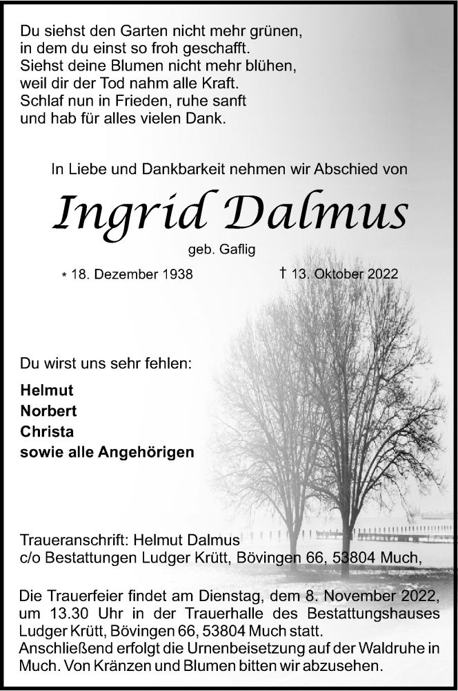  Traueranzeige für Ingrid Dalmus vom 29.10.2022 aus Kölner Stadt-Anzeiger / Kölnische Rundschau / Express