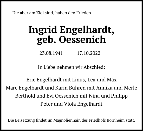 Anzeige von Ingrid Engelhardt von Kölner Stadt-Anzeiger / Kölnische Rundschau / Express