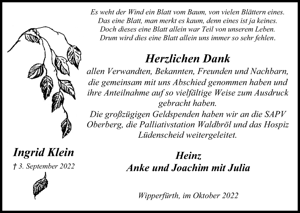  Traueranzeige für Ingrid Klein vom 11.10.2022 aus Kölner Stadt-Anzeiger / Kölnische Rundschau / Express
