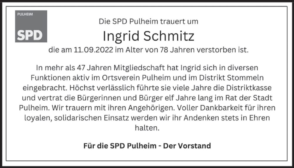  Traueranzeige für Ingrid Schmitz vom 14.10.2022 aus  Wochenende 
