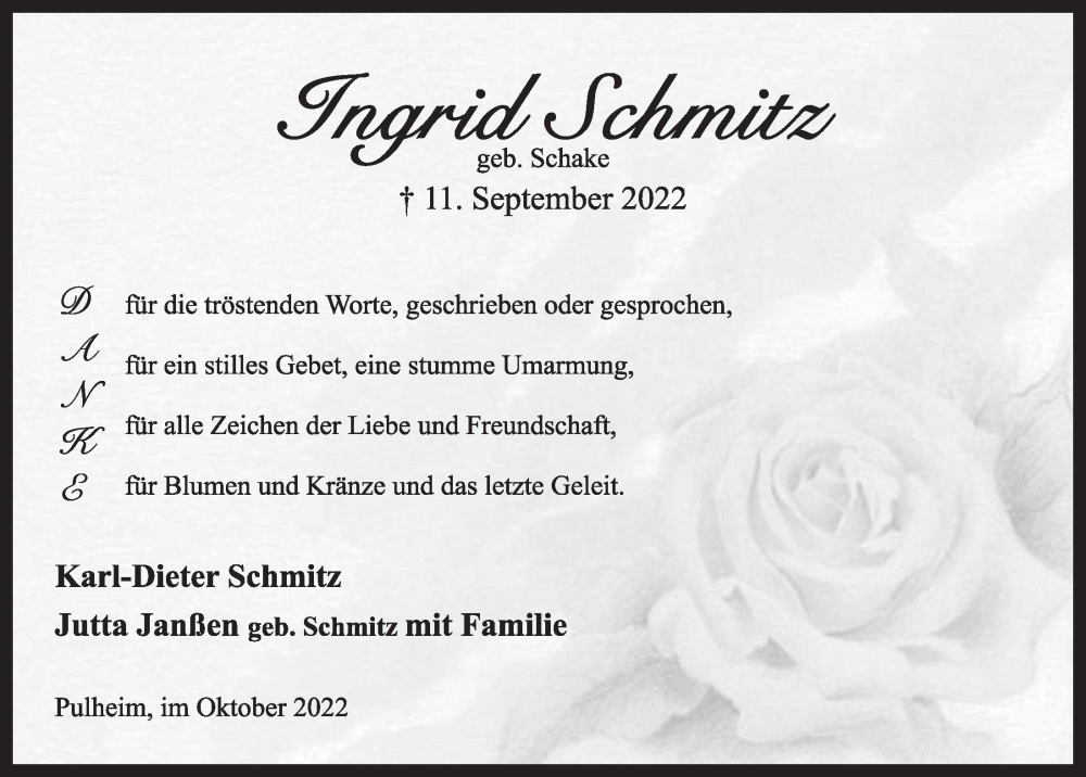  Traueranzeige für Ingrid Schmitz vom 14.10.2022 aus  Wochenende 