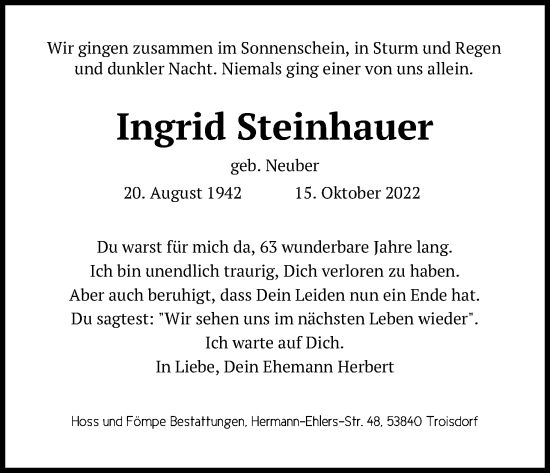 Anzeige von Ingrid Steinhauer von Kölner Stadt-Anzeiger / Kölnische Rundschau / Express