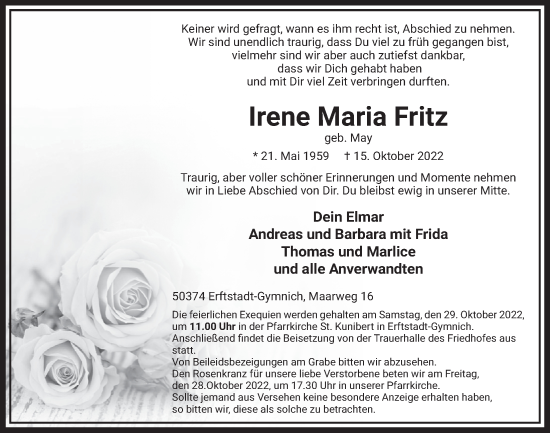 Anzeige von Irene Maria Fritz von  Werbepost 
