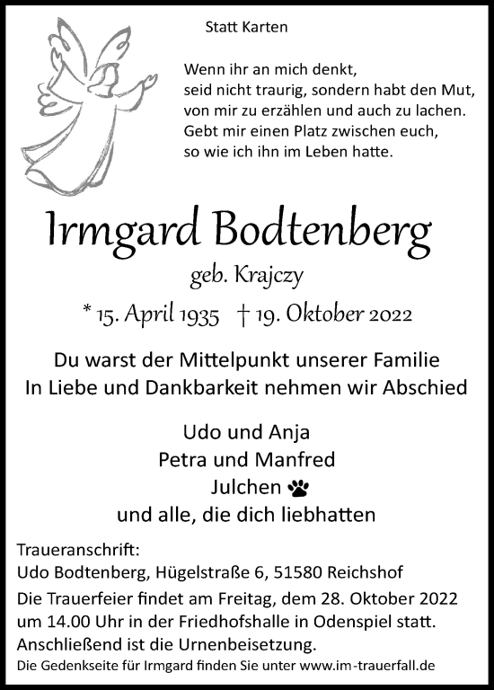 Anzeige von Irmgard Bodtenberg von Kölner Stadt-Anzeiger / Kölnische Rundschau / Express