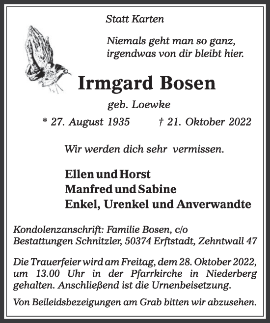 Anzeige von Irmgard Bosen von  Werbepost 