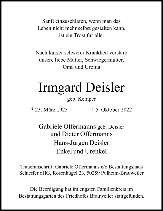 Anzeige von Irmgard Deisler von Kölner Stadt-Anzeiger / Kölnische Rundschau / Express