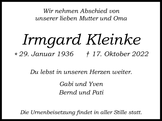 Anzeige von Irmgard Kleinke von Kölner Stadt-Anzeiger / Kölnische Rundschau / Express