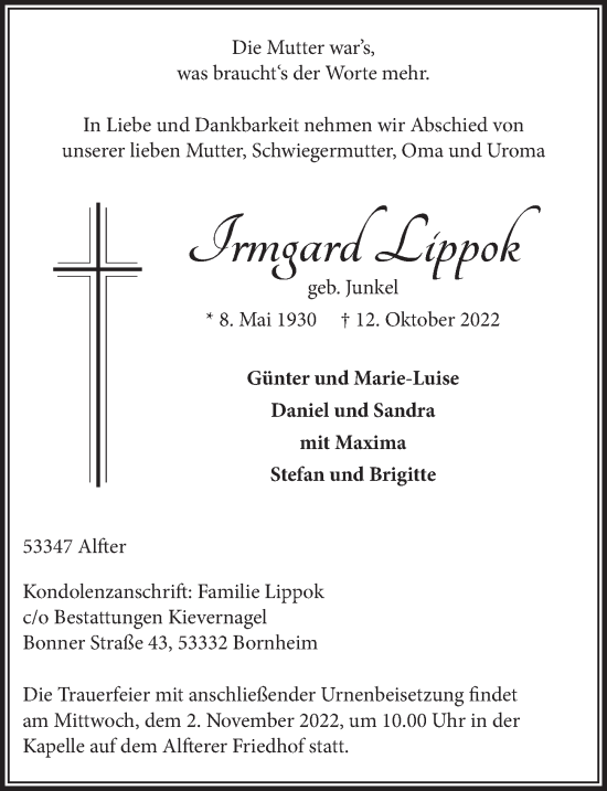 Anzeige von Irmgard Lippok von  Schaufenster/Blickpunkt 