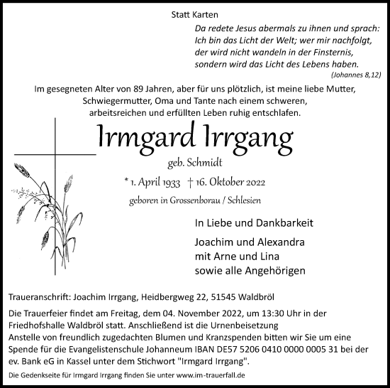 Anzeige von Irmgard lrrgang von Kölner Stadt-Anzeiger / Kölnische Rundschau / Express