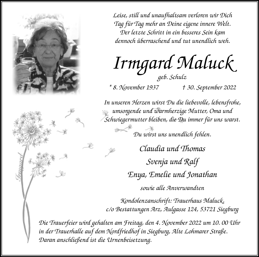  Traueranzeige für Irmgard Maluck vom 08.10.2022 aus Kölner Stadt-Anzeiger / Kölnische Rundschau / Express