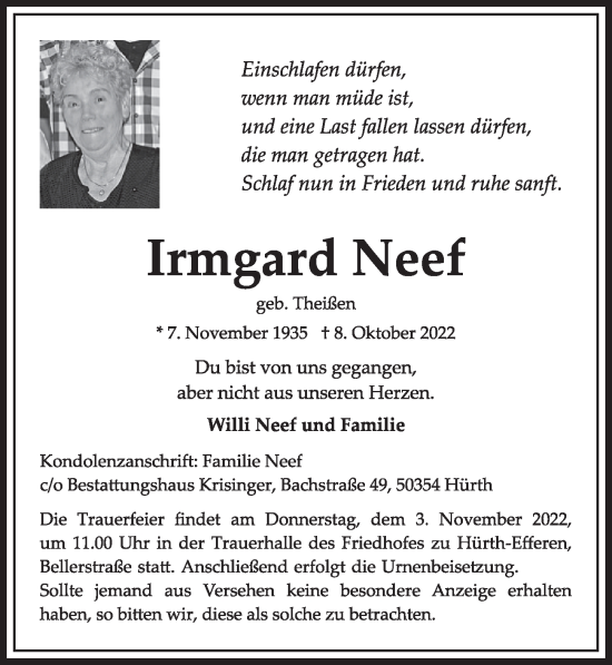 Anzeige von Irmgard Neef von  Wochenende 