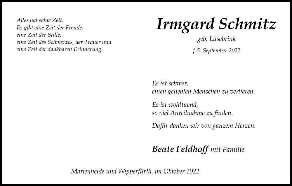  Traueranzeige für Irmgard Schmitz vom 15.10.2022 aus Kölner Stadt-Anzeiger / Kölnische Rundschau / Express