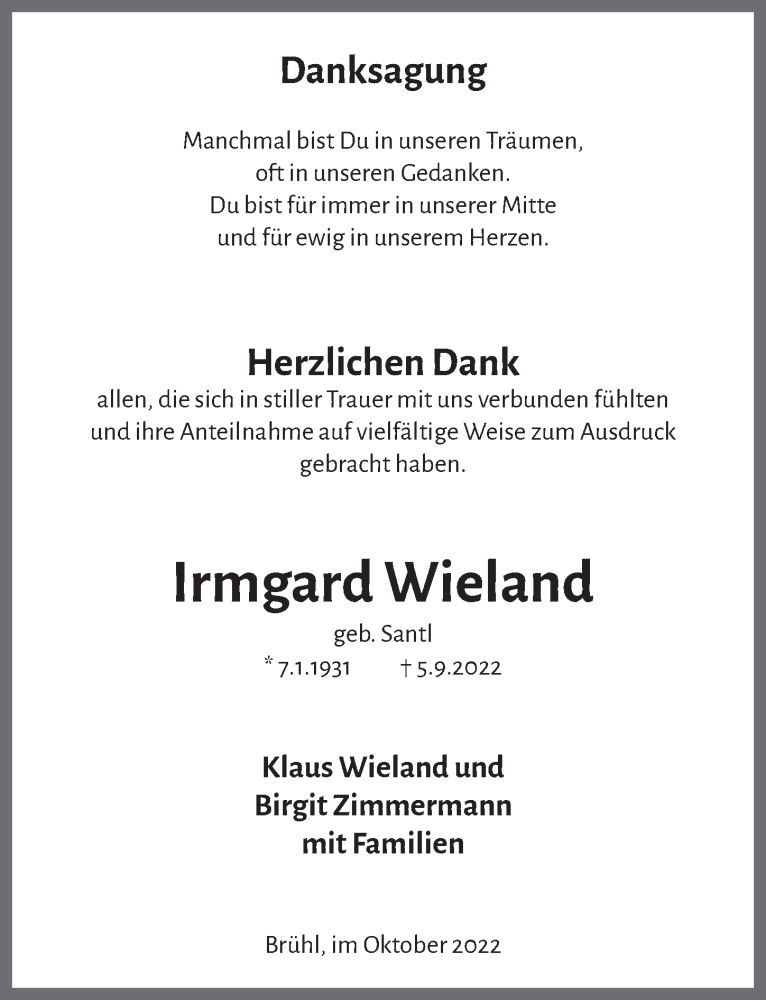  Traueranzeige für Irmgard Wieland vom 07.10.2022 aus  Schlossbote/Werbekurier 