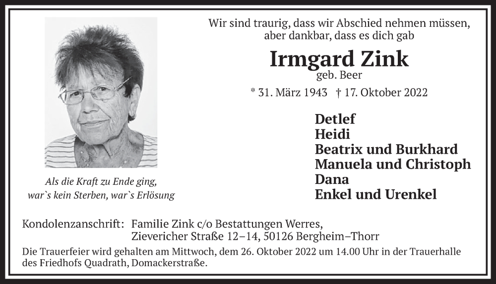  Traueranzeige für Irmgard Zink vom 21.10.2022 aus  Werbepost 