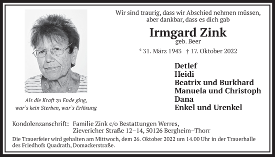 Anzeige von Irmgard Zink von  Werbepost 