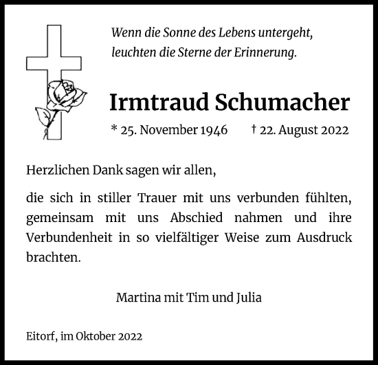 Anzeige von Irmtraud Schumacher von Kölner Stadt-Anzeiger / Kölnische Rundschau / Express