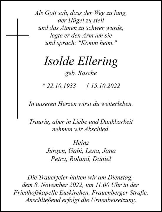 Anzeige von Isolde Ellering von  Blickpunkt Euskirchen 