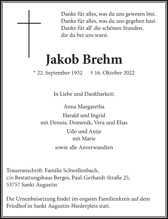Anzeige von Jakob Brehm von  Extra Blatt 