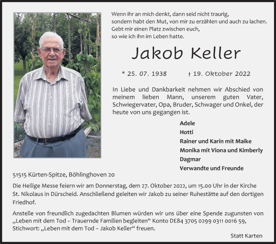 Anzeige von Jakob Keller von Kölner Stadt-Anzeiger / Kölnische Rundschau / Express