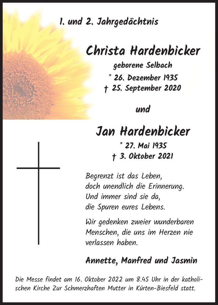  Traueranzeige für Jan Hardenbicker vom 01.10.2022 aus Kölner Stadt-Anzeiger / Kölnische Rundschau / Express