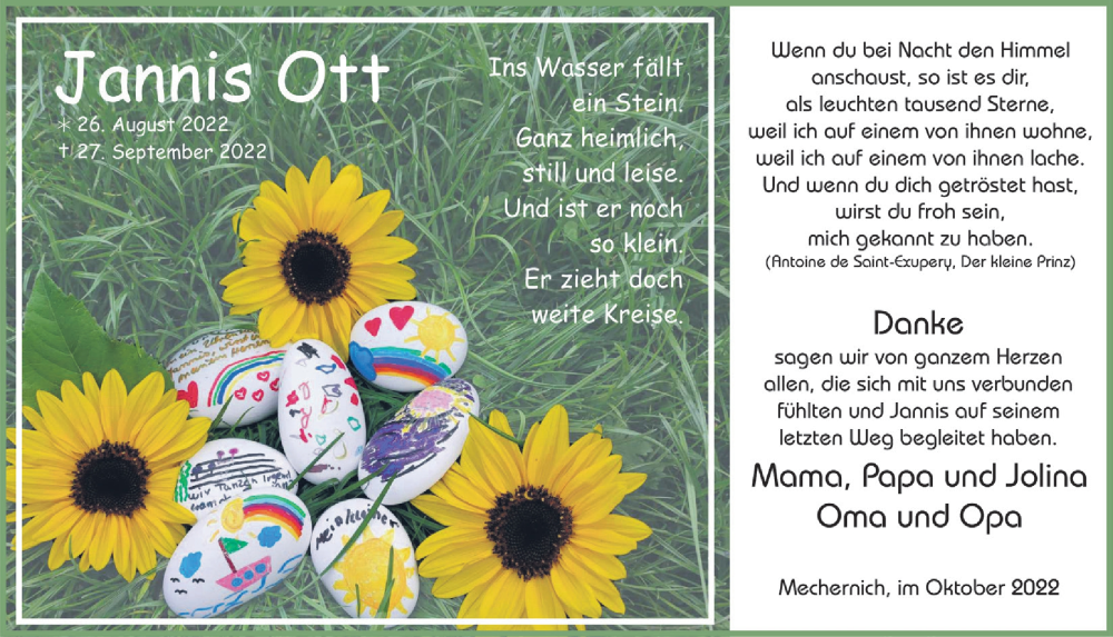  Traueranzeige für Jannis Ott vom 22.10.2022 aus  Blickpunkt Euskirchen 