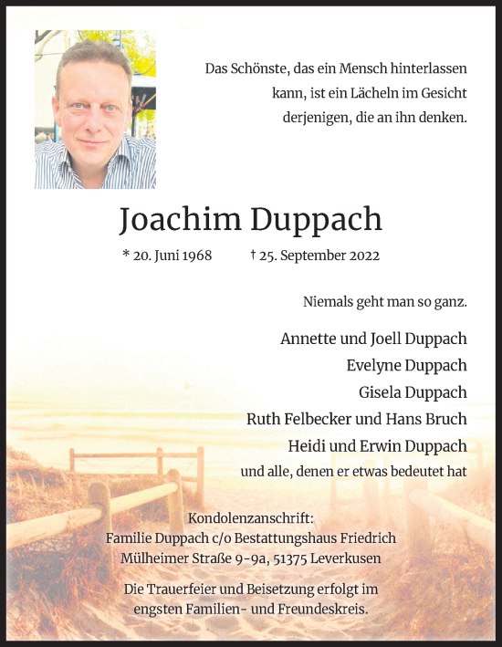 Anzeige von Joachim Duppach von Kölner Stadt-Anzeiger / Kölnische Rundschau / Express