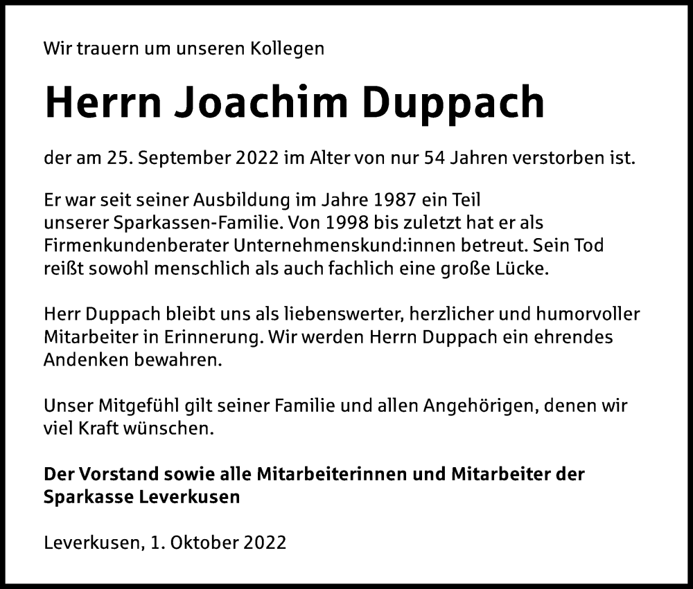  Traueranzeige für Joachim Duppach vom 01.10.2022 aus Kölner Stadt-Anzeiger / Kölnische Rundschau / Express