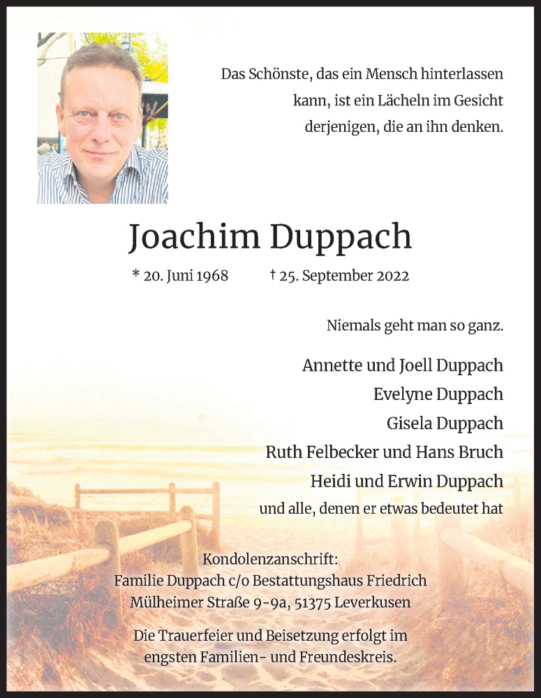  Traueranzeige für Joachim Duppach vom 01.10.2022 aus Kölner Stadt-Anzeiger / Kölnische Rundschau / Express