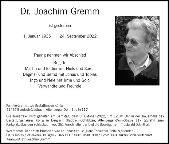 Anzeige von Joachim Gremm von Kölner Stadt-Anzeiger / Kölnische Rundschau / Express