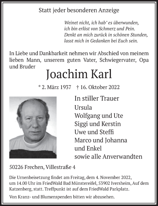Anzeige von Joachim Karl von  Wochenende 