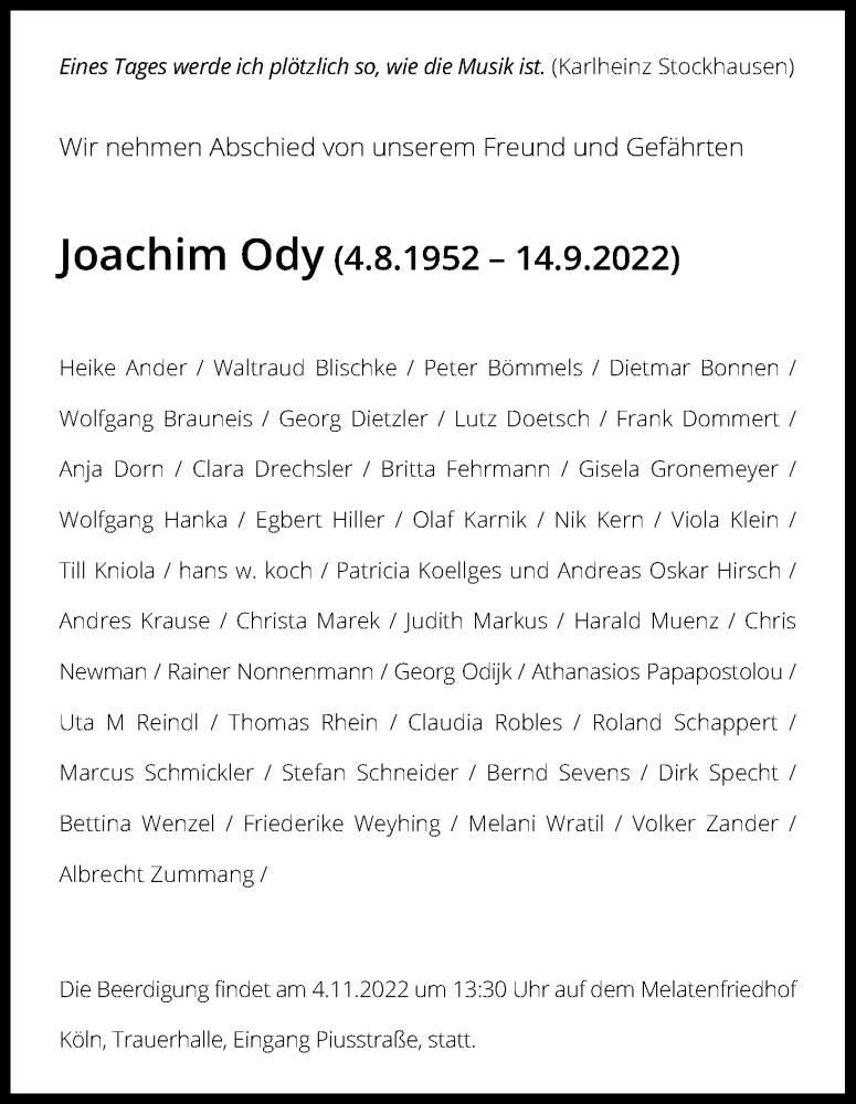  Traueranzeige für Joachim Ody vom 29.10.2022 aus Kölner Stadt-Anzeiger / Kölnische Rundschau / Express