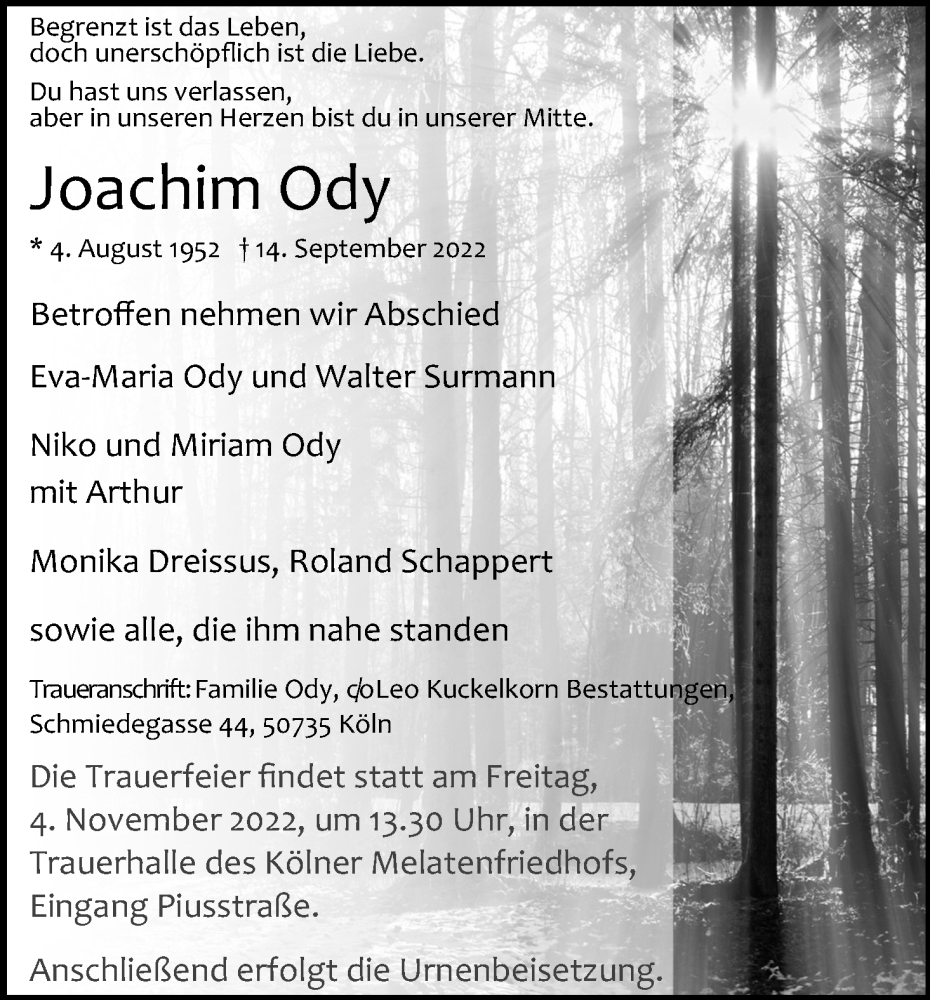  Traueranzeige für Joachim Ody vom 22.10.2022 aus Kölner Stadt-Anzeiger / Kölnische Rundschau / Express