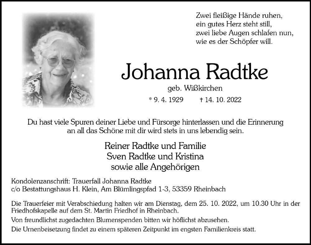  Traueranzeige für Johanna Radtke vom 21.10.2022 aus  Schaufenster/Blickpunkt 