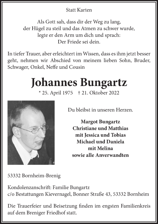 Anzeige von Johannes Bungartz von  Schaufenster/Blickpunkt 