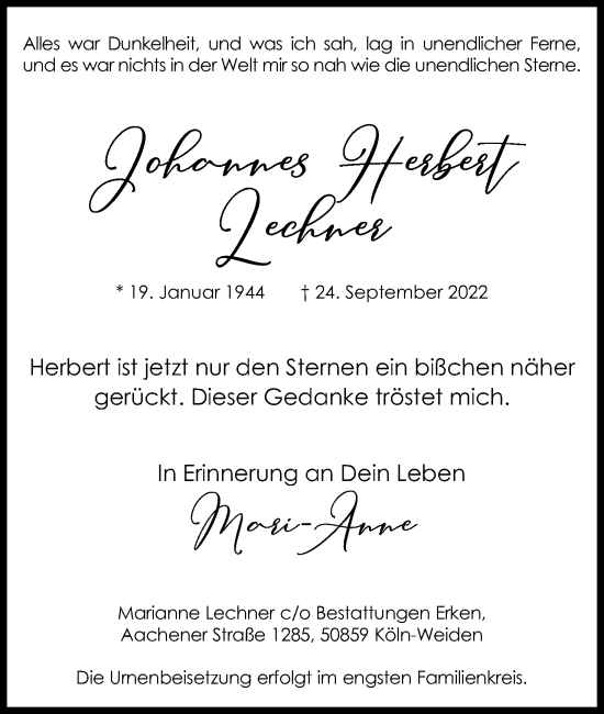 Anzeige von Johannes Herbert Lechner von Kölner Stadt-Anzeiger / Kölnische Rundschau / Express