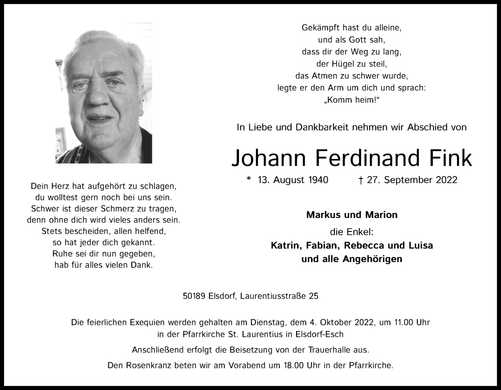  Traueranzeige für Johann Ferdinand Fink vom 01.10.2022 aus Kölner Stadt-Anzeiger / Kölnische Rundschau / Express