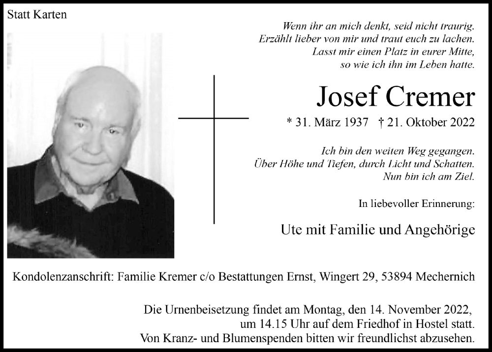  Traueranzeige für Josef Cremer vom 29.10.2022 aus  Blickpunkt Euskirchen 