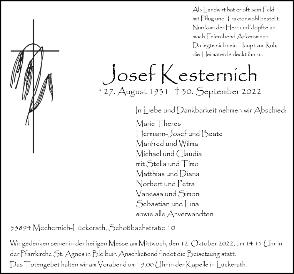  Traueranzeige für Josef Kesternich vom 08.10.2022 aus  Blickpunkt Euskirchen 