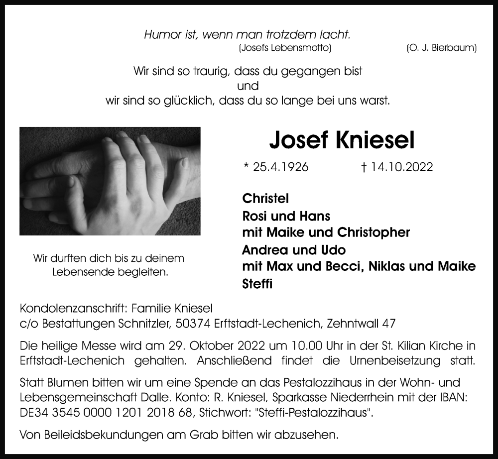  Traueranzeige für Josef Kniesel vom 22.10.2022 aus Kölner Stadt-Anzeiger / Kölnische Rundschau / Express