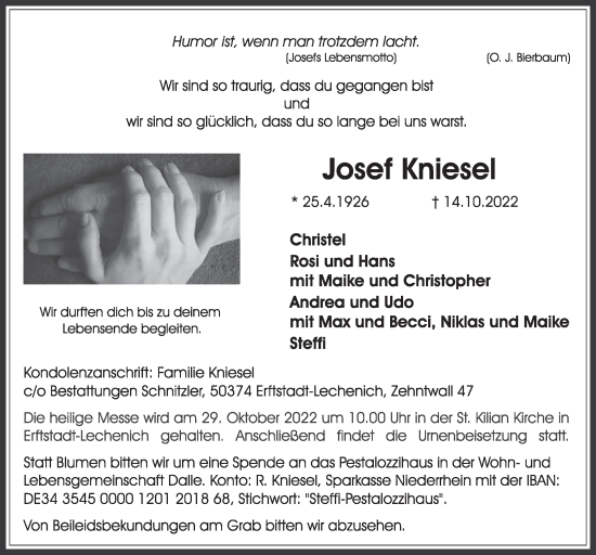 Anzeige von Josef Kniesel von  Werbepost 