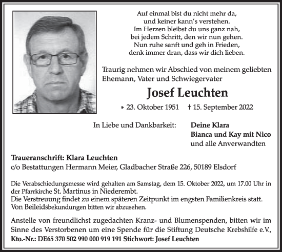 Anzeige von Josef Leuchten von  Werbepost 