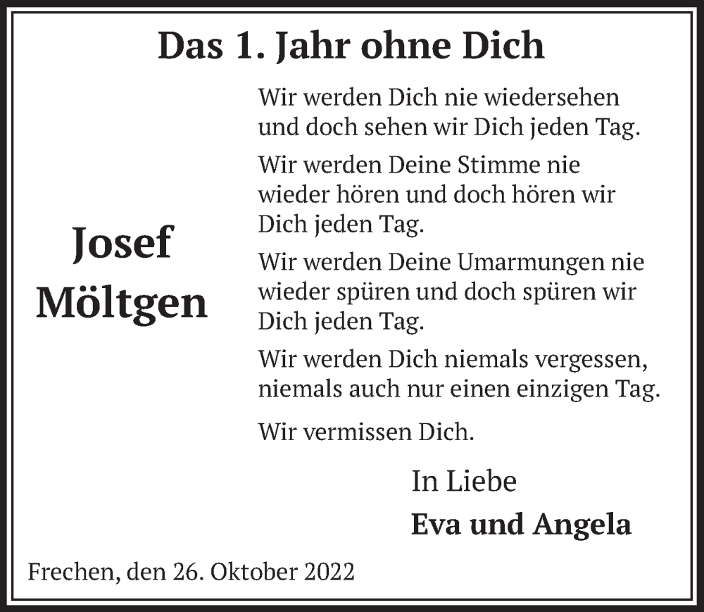  Traueranzeige für Josef Möltgen vom 28.10.2022 aus  Wochenende 