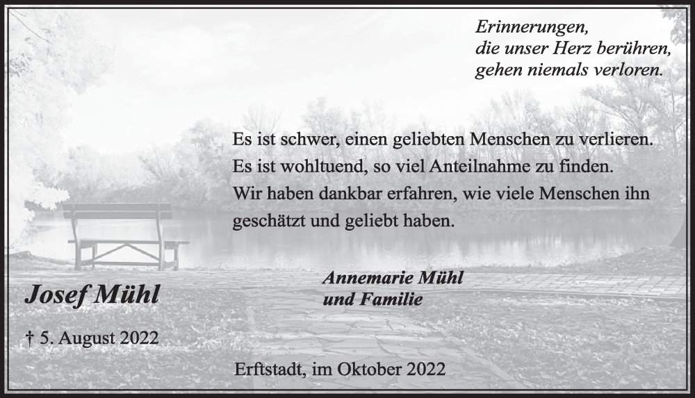  Traueranzeige für Josef Mühl vom 21.10.2022 aus  Werbepost 