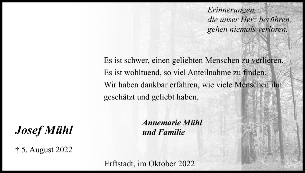  Traueranzeige für Josef Mühl vom 22.10.2022 aus Kölner Stadt-Anzeiger / Kölnische Rundschau / Express