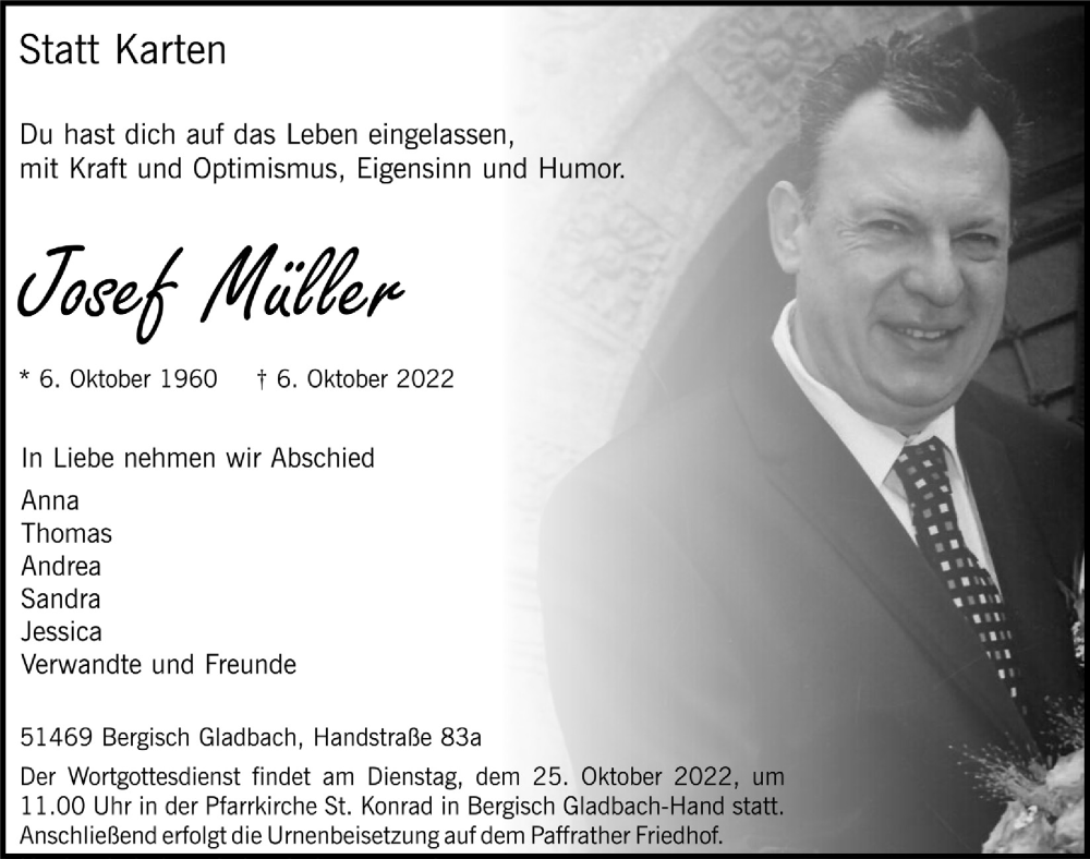  Traueranzeige für Josef Müller vom 14.10.2022 aus  Bergisches Handelsblatt 