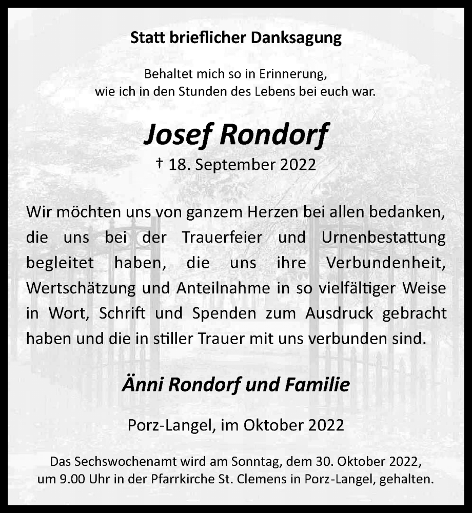  Traueranzeige für Josef Rondorf vom 21.10.2022 aus  EXPRESS - Die Woche 