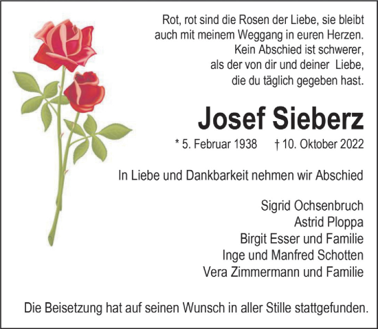 Anzeige von Josef Sieberz von  Bergisches Handelsblatt 