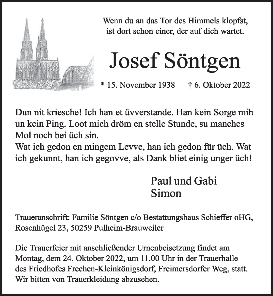  Traueranzeige für Josef Söntgen vom 14.10.2022 aus  Wochenende 