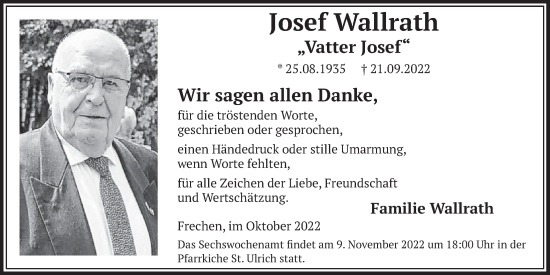 Anzeige von Josef Wallrath von  Wochenende 